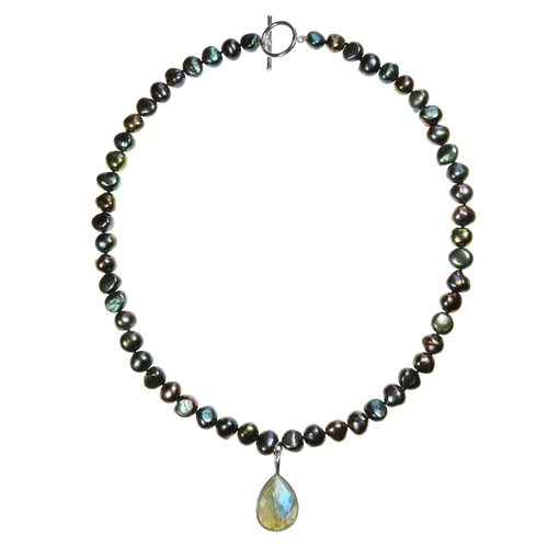 Black Pearl Necklace with Laboradite Pendant